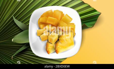 Composition of pineapple slices and diced mango on a white plate and leaves. Stock Vector