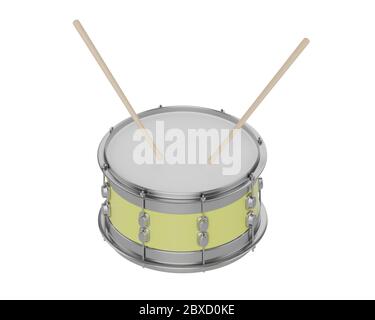 Yellow snare drum and drumsticks on white isolated background. 3d ...