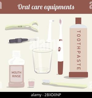 Oral care equipment for cleaning teeth and mouth such as toothbrush, electric toothbrush, tooth brush refill, toothpaste, water glass, mouth rinse den Stock Vector