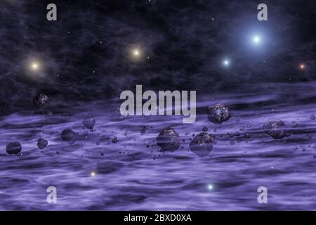 Asteroid belt. Meteorites and Sun. High resolution space background ...