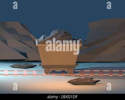 Coal trolley on rails in the mine. 3d illustration, 3d render Stock Photo