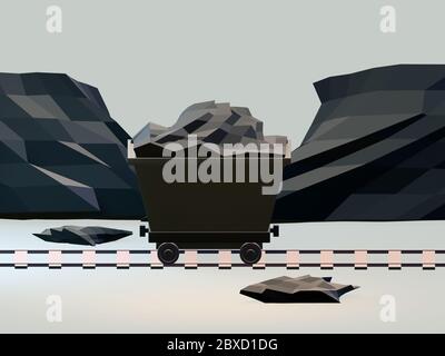 Coal trolley on rails in the mine. 3d illustration, 3d render Stock Photo