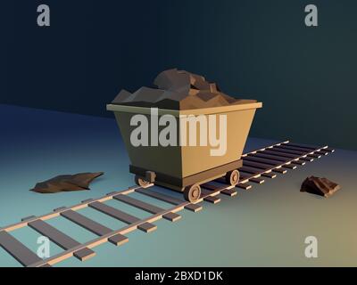 Coal trolley on rails in the mine. 3d illustration, 3d render Stock Photo