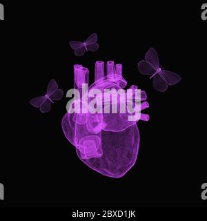 Wireframe mesh system Heart with Butterflies on black background. Concept of health care technology, graphic of heart covered by grid. 3d illustration Stock Photo