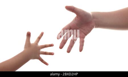 Small child's hand reaches fathers hand man isolated on white background, parenting love concept Stock Photo