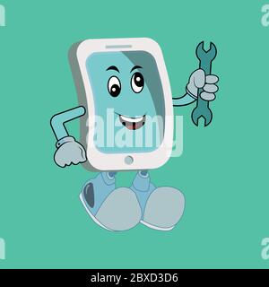 A mobile phone repair service or perhaps plumber or mechanic app cartoon character mascot holding spanner. Design vector illustration Stock Vector