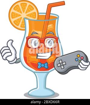 Mascot design style of mai tai cocktail gamer playing with controller Stock Vector