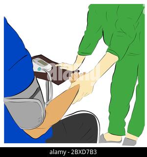 Hand Draw Sketch, Sitting Man Doing Medical Check Up, by Using Hijab and Mask Standing Nurse Stock Vector