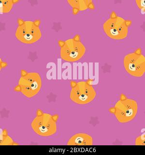 Seamless pattern with happy puppy heads in pink background. Cute puppy print for various designs. Vector illustration in flat style Stock Vector