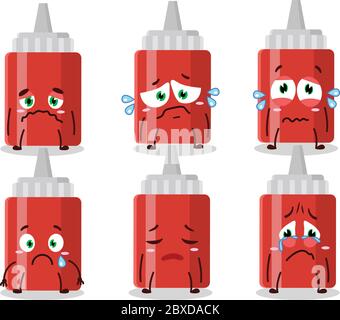 Sauce bottle cartoon character with sad expression Stock Vector