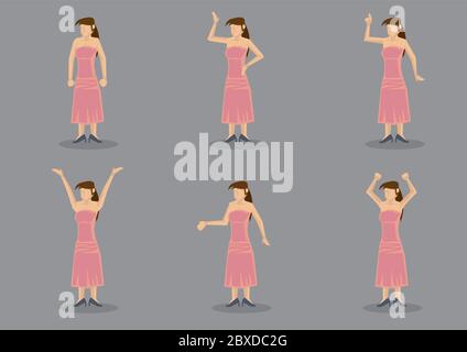 Set of six vector illustration of a young lady wearing long pink strapless dress and black heels posing in different gestures isolated on grey backgro Stock Vector