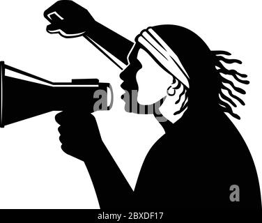 Retro style illustration of an African American activist with megaphone in demonstration with clenched fist protesting that black lives matter on isol Stock Vector