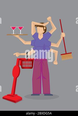 Vector illustration of a busy woman with many arms doing different house chores at the same time. Stock Vector