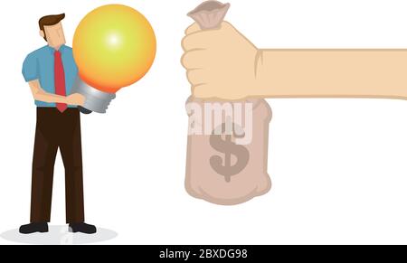 Giant hand holds money exchange with a businessman holding a light bulb. Buying of idea. Investing in innovation business concept. Vector illustration Stock Vector