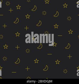 Digital seamless pattern with moon, stars and geometric shapes. Background for web design. Gold and black modern line background Stock Vector
