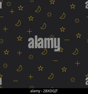 Digital seamless pattern with moon, stars and geometric shapes. Background for web design. Gold and black modern line background Stock Vector
