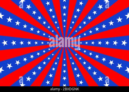 Poster with colors of American flag in blue, red and white. Background with rays and stars. Stock Vector