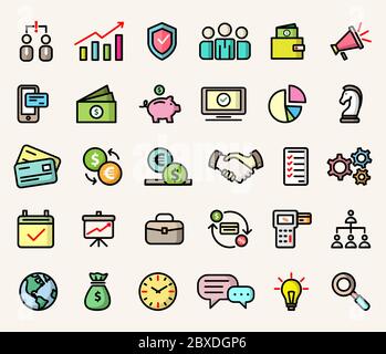 Set of colored icons for business, finance, marketing, management. Vector isolated illustrations in flat style design Stock Vector