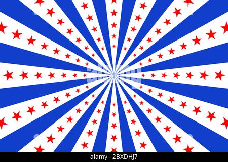 Poster with colors of American flag in blue, red and white. Background with rays and stars. Stock Vector
