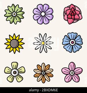 Vector set of flowers colorful flat style isolated icons Stock Vector