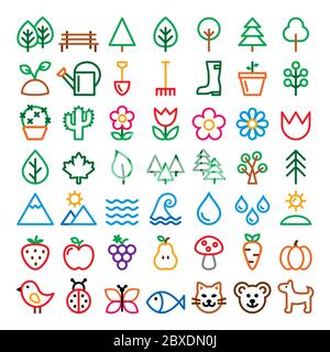 Nature vector line vector icons set, minimalist park, animals, ecology, organic food design - big pack colorful designs Stock Vector