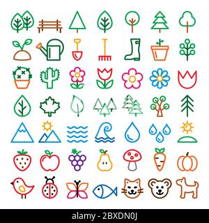 Nature vector line vector icons set, minimalist park, animals, ecology, organic food design - big pack colorful designs Stock Vector
