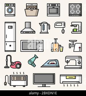 Home and kitchen appliances vector colorful icons set Stock Vector