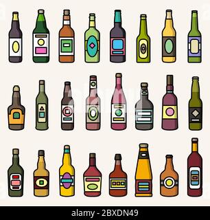 Set of colorful icons of alcoholic drinks' bottles. Vector isolated illustrations in flat style design Stock Vector