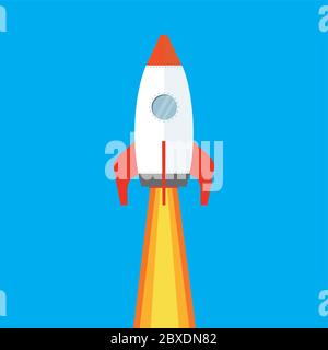 Cartoon Colored soaring spaceship on blue background,flat Rocket,vector illustration Stock Vector