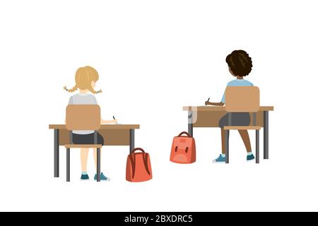 Two schoolgirls girls sitting in the workplace rear view,isolated on white background,flat vector illustration Stock Vector