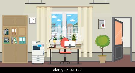 Empty office room,window,open door,flower in pots and modern furniture, cartoon vector illustration Stock Vector