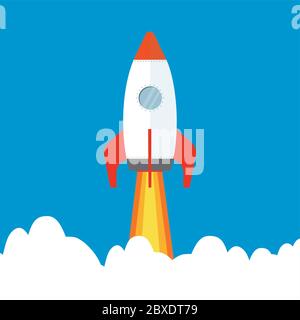 Cartoon rocket flying in sky,flat vector illustration Stock Vector