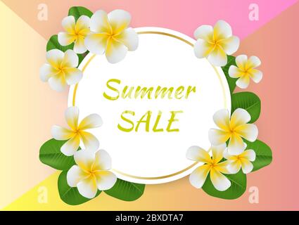 Bright, juicy summer background with tropical leaves and plumeria flowers. Stock Vector