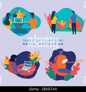 This is a flat illustration design of human illustrations to illustrate social distancing in the middle of the COVID-19 pandemic. Stock Vector