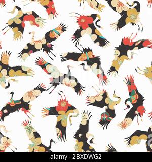 Japanese pattern. Seamless vector ornament with traditional motives. Japanese pattern with storks and chrysanthemum. Stock Vector