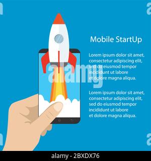 Rocket on mobile screen,Colored soaring spaceship,startup concept,flat vector illustration Stock Vector