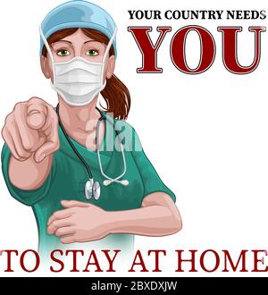 Doctor Nurse Woman Needs You Stay At Home Pointing Stock Vector