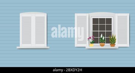 Wall and Closed and open windows,flat vector illustration Stock Vector