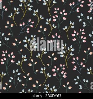 Seamless pattern with sprigs of willow on a dark background. Springtime background with plants with spring buds. Tiny flower buds. Stock Vector