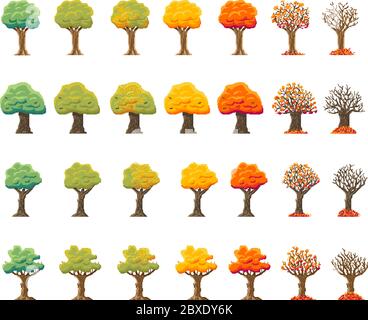 Indie-style set of autumn treesin an 8-bit indie arcade game. pixel art 28 different trees in the period of leaf fall. Bright leaves, autumn months. Stock Vector