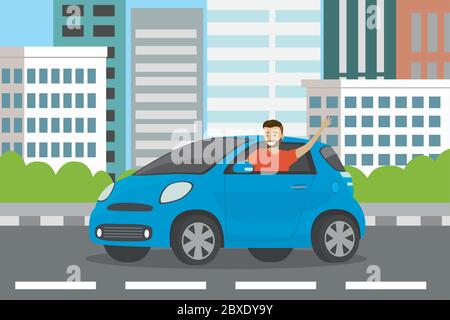 Young happy caucasian man auto driver rides in blue car,City view with houses and skyscrapers on the background,flat vector illustration Stock Vector