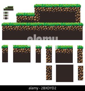 Pixel art Adventure 8 Bit game creator of ground, texture, grass. Set of Indie game Arcade elements for retro video game design Stock Vector