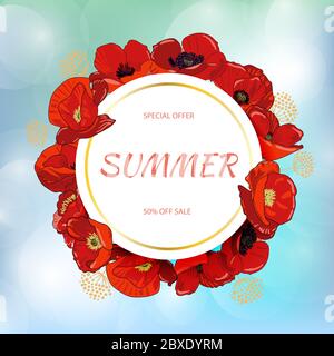 Bright, juicy summer background with red poppies. Stock Vector