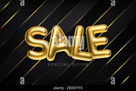 3D realistic golden inscription sale Abstract illustration. Abstract gold metallic text for banner design. Vector horizontal black background Stock Vector