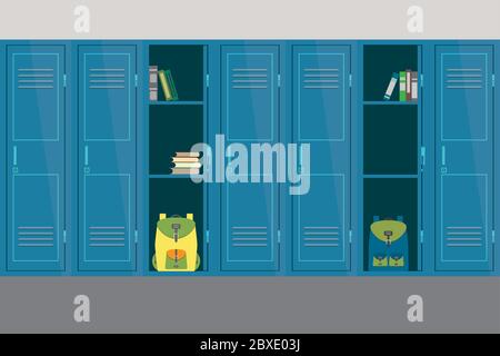 Open and closed school lockers,school interior and furniture, flat vector illustration Stock Vector