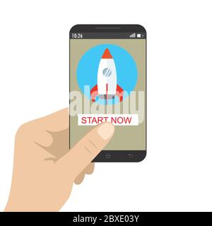 Rocket on mobile screen,Colored soaring spaceship,startup concept,flat vector illustration Stock Vector