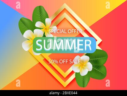 Bright, juicy summer background with tropical leaves and plumeria flowers. Stock Vector