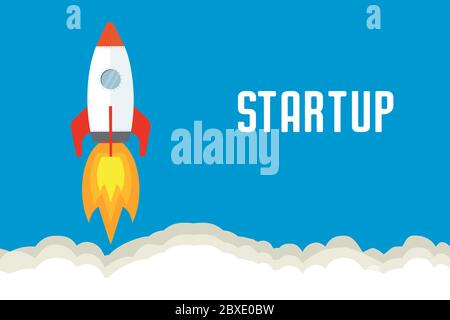 Rocket flying in sky,start up concept,flat vector illustration. Stock Vector