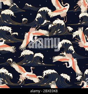 japanese storks in vintage style on Dark background. Oriental traditional painting. White stork. Japanese crane illustration. Japanese pattern Stock Vector