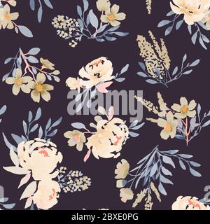 Dark seamless pattern with peonies made in the style of watercolor painting. Large bouquets with peonies, floral spring, summer pattern. For weddings Stock Vector